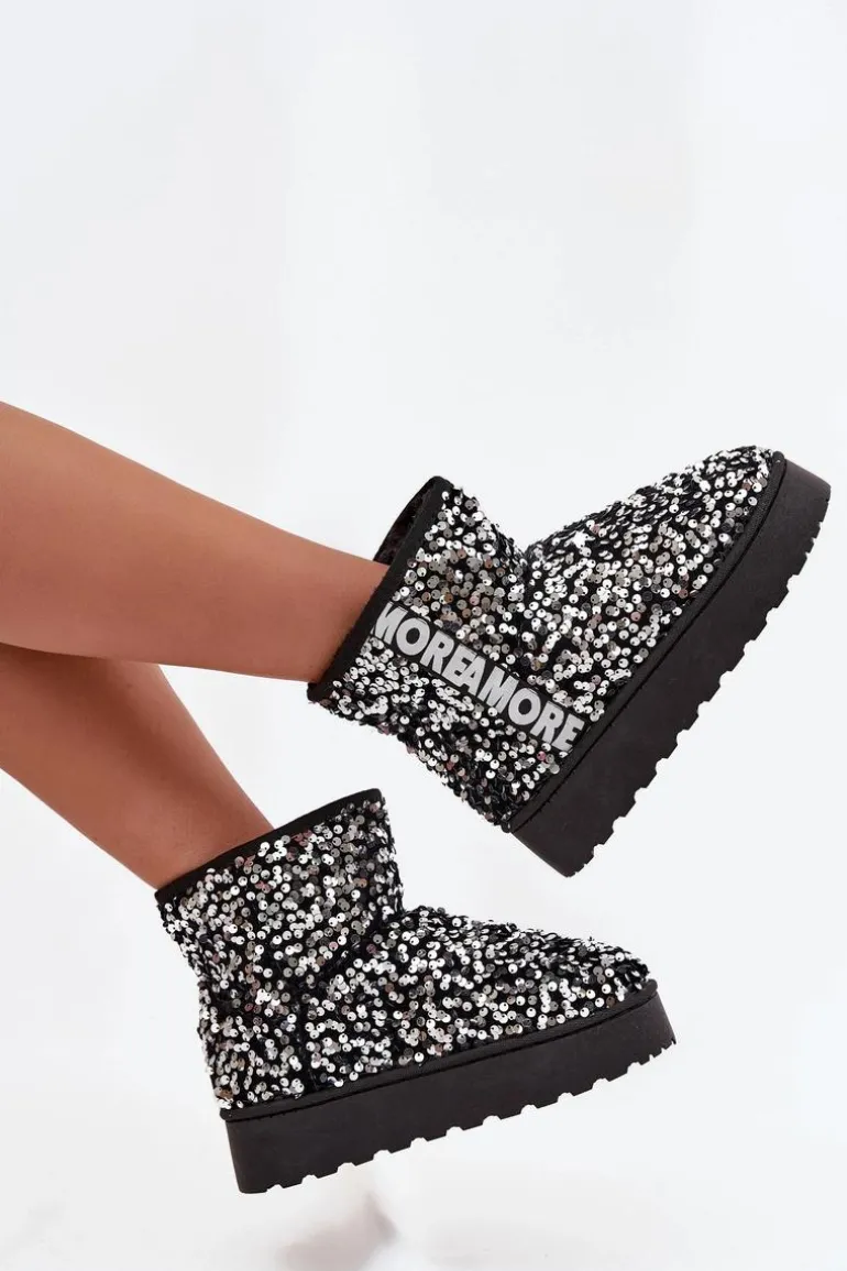 Śniegowce Damskie Na Platformie Zdobione Cekinami Czarno-Srebrne Silmo