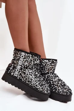 Śniegowce Damskie Na Platformie Zdobione Cekinami Czarno-Srebrne Silmo