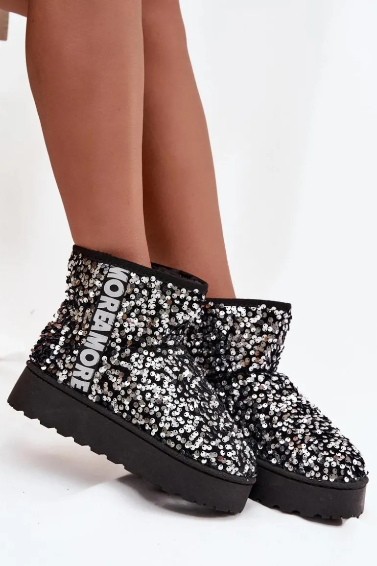 Śniegowce Damskie Na Platformie Zdobione Cekinami Czarno-Srebrne Silmo