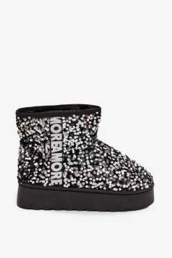 Śniegowce Damskie Na Platformie Zdobione Cekinami Czarno-Srebrne Silmo
