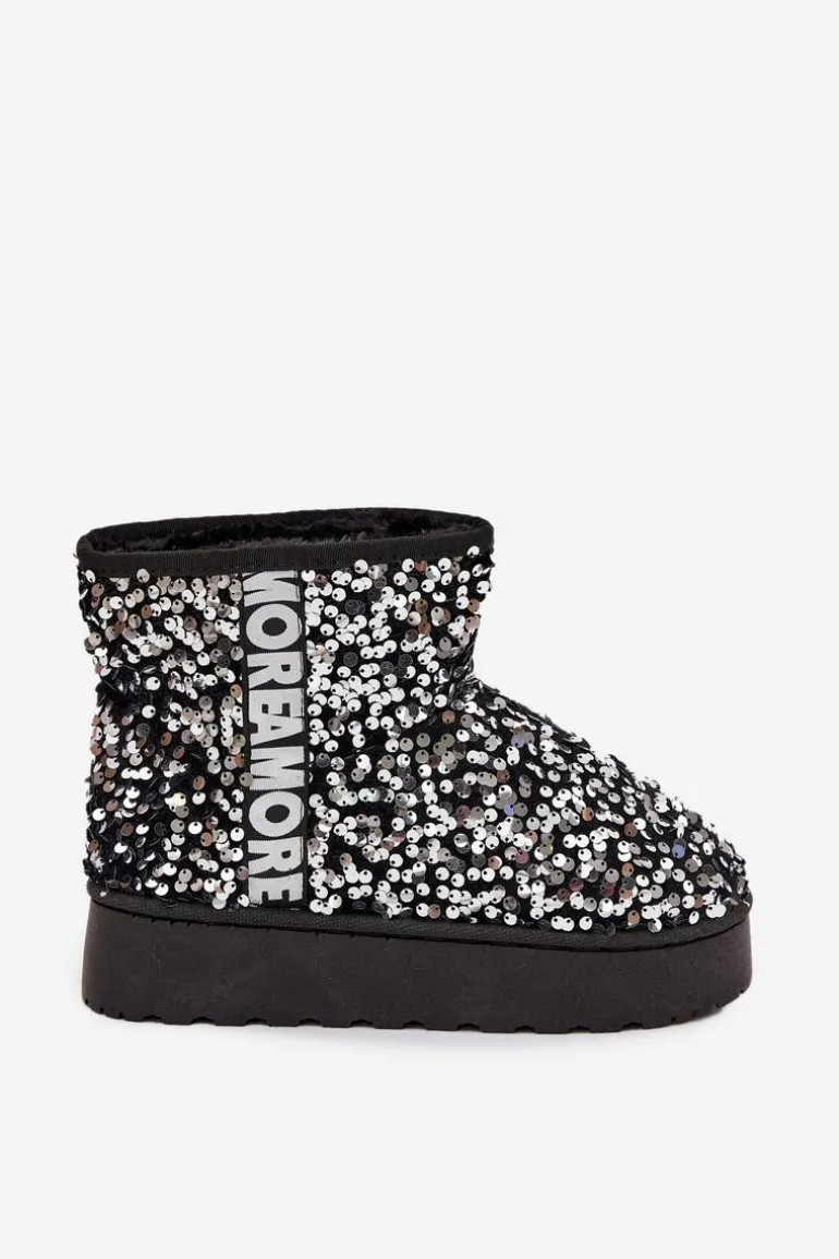 Śniegowce Damskie Na Platformie Zdobione Cekinami Czarno-Srebrne Silmo