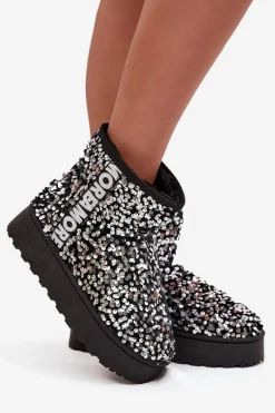 Śniegowce Damskie Na Platformie Zdobione Cekinami Czarno-Srebrne Silmo