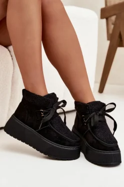 Śniegowce Damskie Na Platformie Z Futerkiem Czarne Florivelle