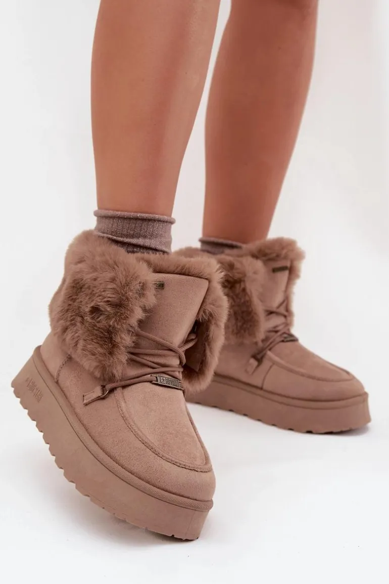 Śniegowce Damskie Na Platformie Z Futerkiem I Wiązaniem Big Star SS274114 Beżowe
