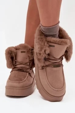 Śniegowce Damskie Na Platformie Z Futerkiem I Wiązaniem Big Star SS274114 Beżowe