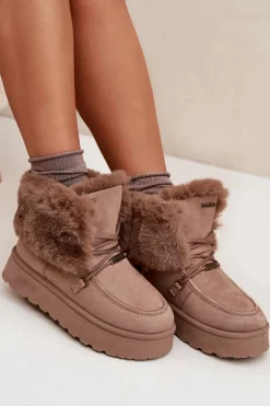 Śniegowce Damskie Na Platformie Z Futerkiem I Wiązaniem Big Star SS274114 Beżowe