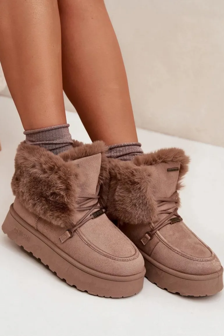 Śniegowce Damskie Na Platformie Z Futerkiem I Wiązaniem Big Star SS274114 Beżowe