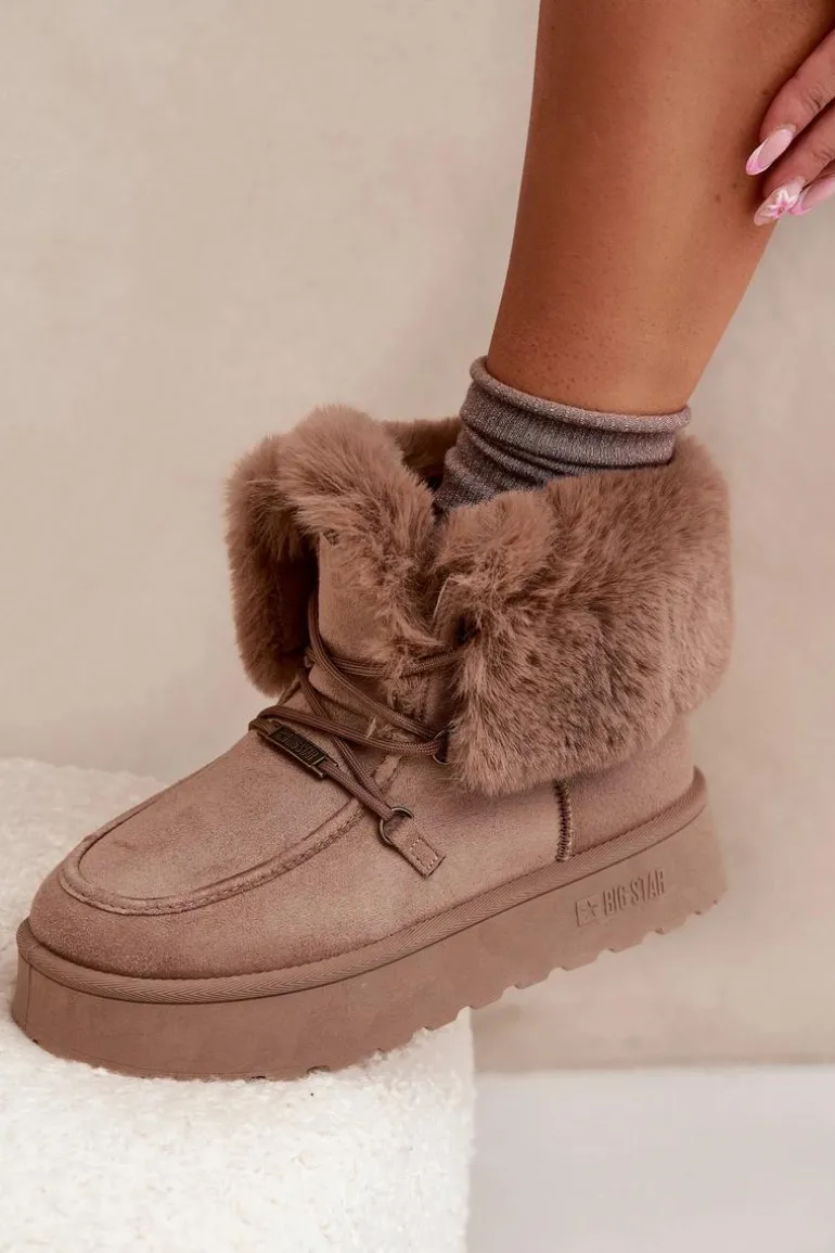 Śniegowce Damskie Na Platformie Z Futerkiem I Wiązaniem Big Star SS274114 Beżowe