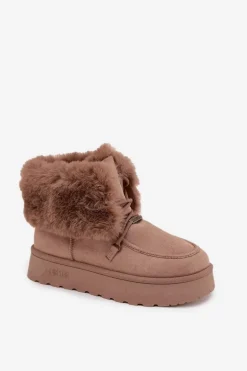 Śniegowce Damskie Na Platformie Z Futerkiem I Wiązaniem Big Star SS274114 Beżowe