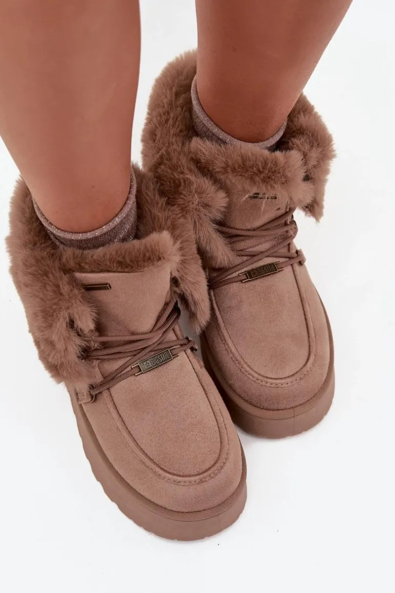 Śniegowce Damskie Na Platformie Z Futerkiem I Wiązaniem Big Star SS274114 Beżowe