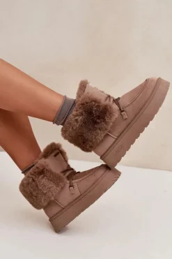 Śniegowce Damskie Na Platformie Z Futerkiem I Wiązaniem Big Star SS274114 Beżowe