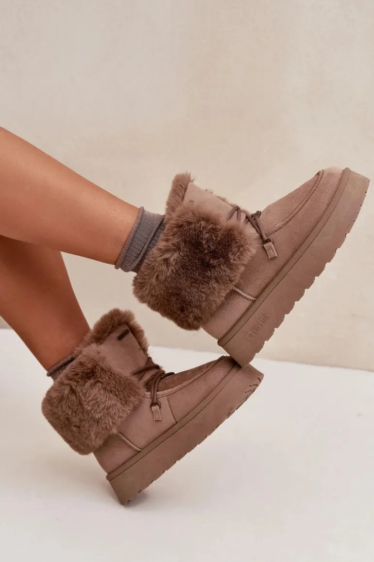 Śniegowce Damskie Na Platformie Z Futerkiem I Wiązaniem Big Star SS274114 Beżowe