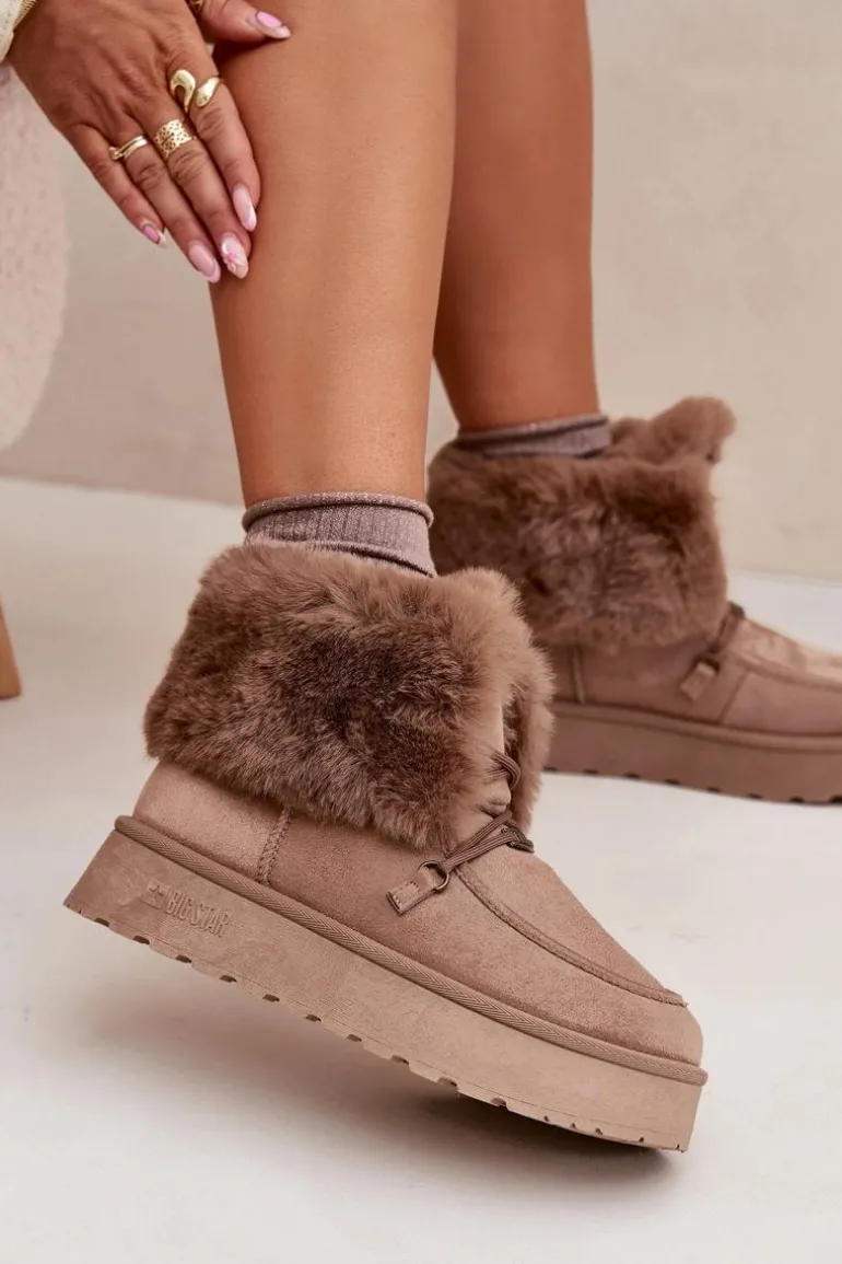 Śniegowce Damskie Na Platformie Z Futerkiem I Wiązaniem Big Star SS274114 Beżowe