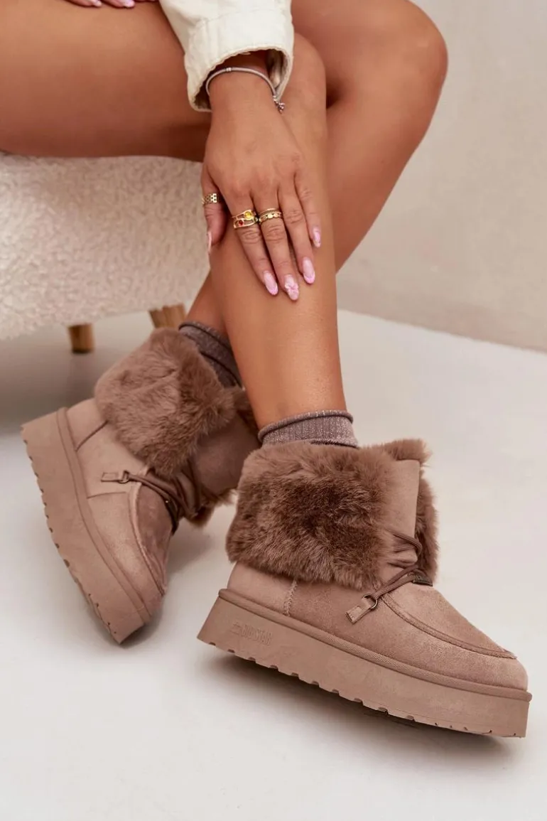 Śniegowce Damskie Na Platformie Z Futerkiem I Wiązaniem Big Star SS274114 Beżowe