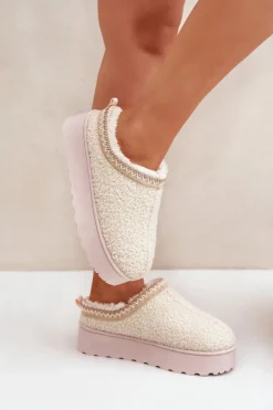 Śniegowce Damskie Na Platformie Z Haftem Jasnobeżowe Tirissa