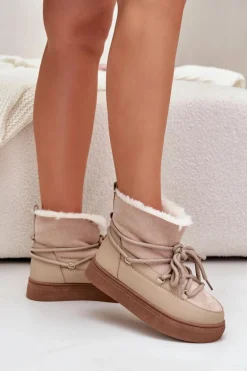 Śniegowce Damskie Na Platformie Ocieplane Futerkiem Beżowe Aziara