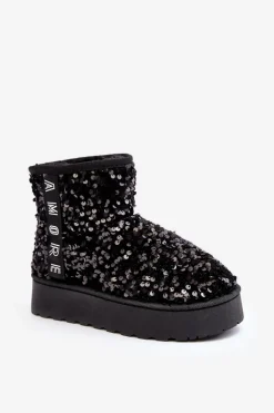Śniegowce Damskie Na Platformie Zdobione Cekinami Czarne Silmo