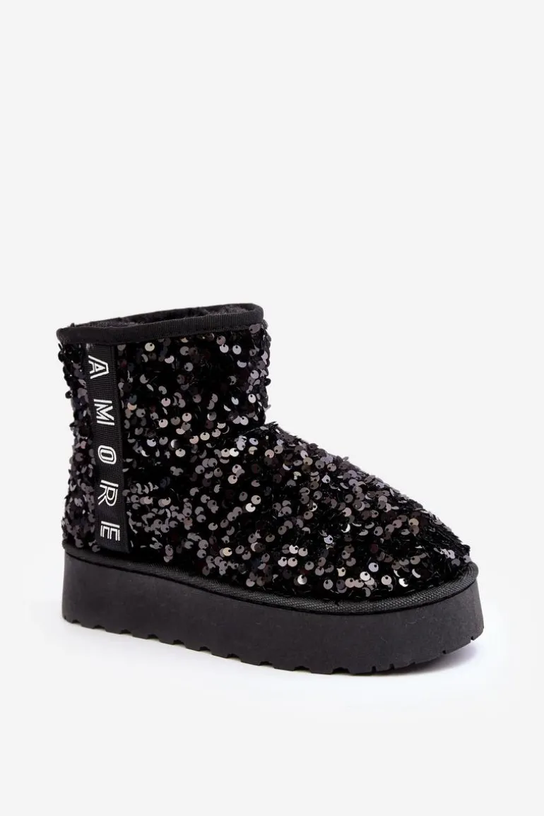 Śniegowce Damskie Na Platformie Zdobione Cekinami Czarne Silmo