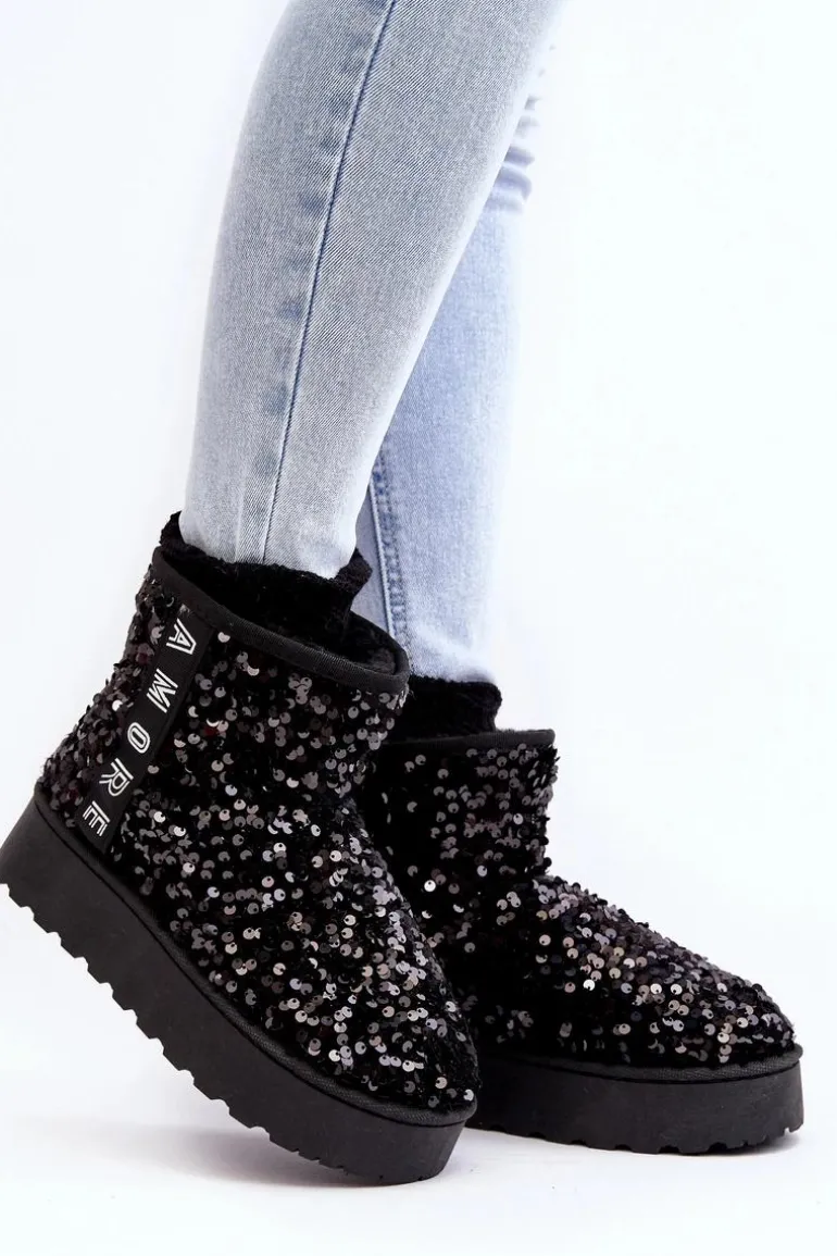 Śniegowce Damskie Na Platformie Zdobione Cekinami Czarne Silmo