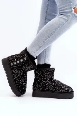 Śniegowce Damskie Na Platformie Zdobione Cekinami Czarne Silmo