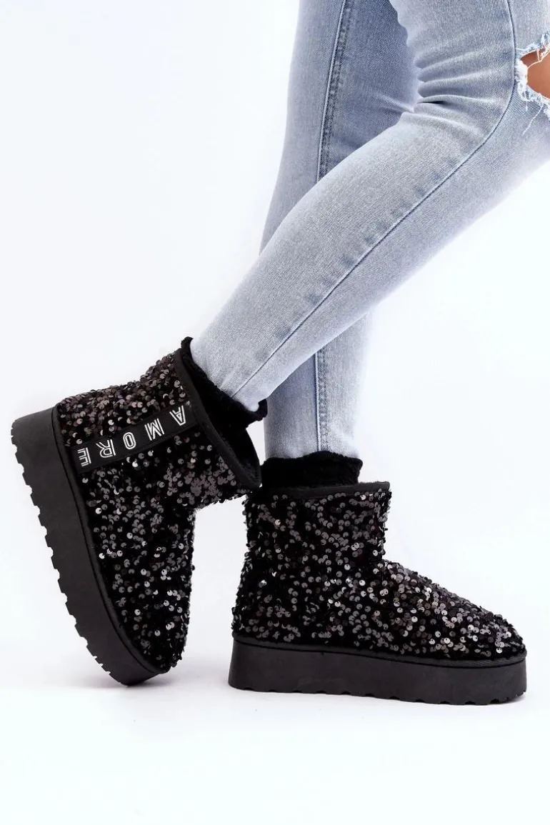 Śniegowce Damskie Na Platformie Zdobione Cekinami Czarne Silmo