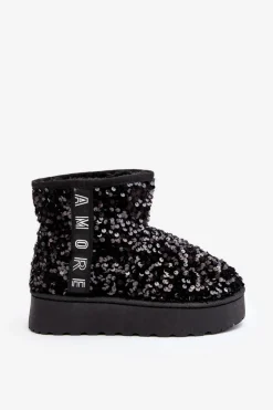 Śniegowce Damskie Na Platformie Zdobione Cekinami Czarne Silmo