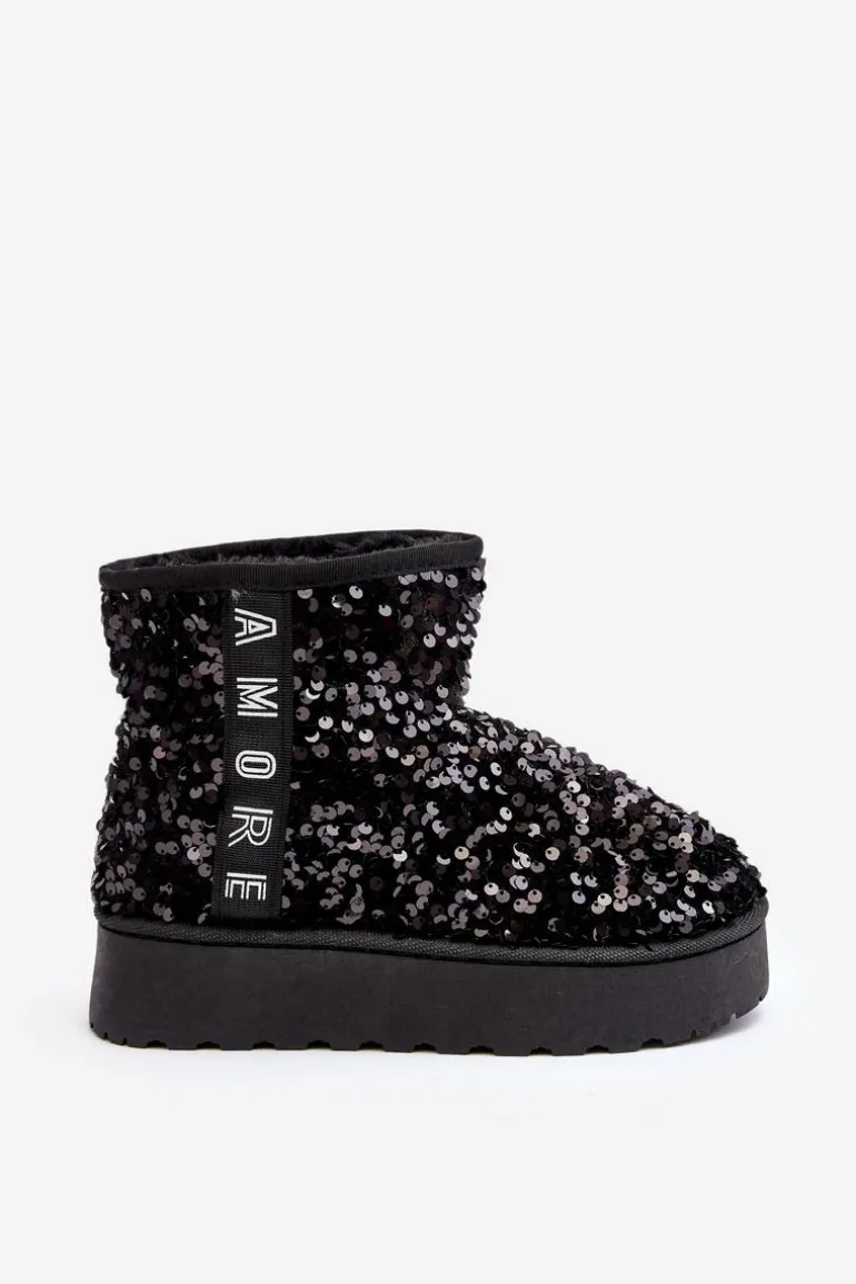 Śniegowce Damskie Na Platformie Zdobione Cekinami Czarne Silmo