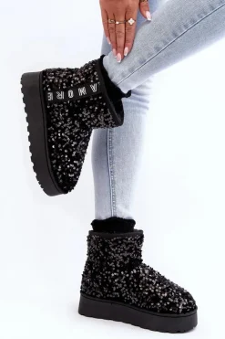 Śniegowce Damskie Na Platformie Zdobione Cekinami Czarne Silmo