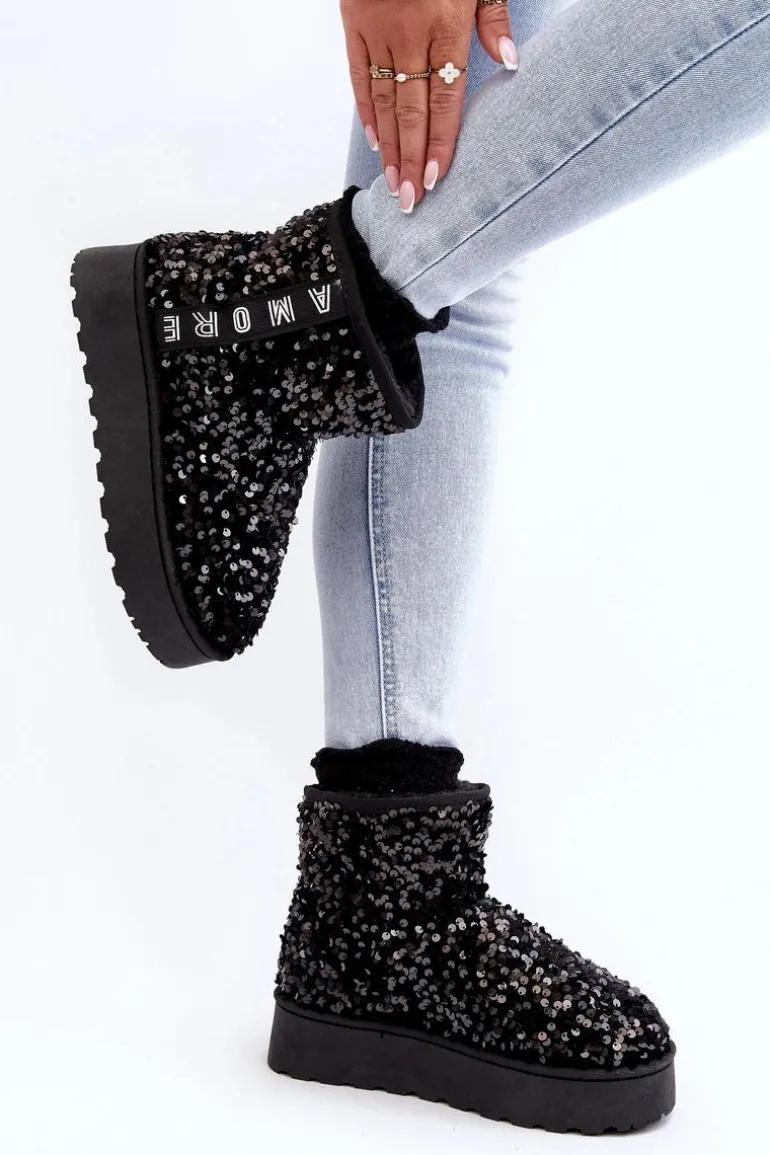 Śniegowce Damskie Na Platformie Zdobione Cekinami Czarne Silmo