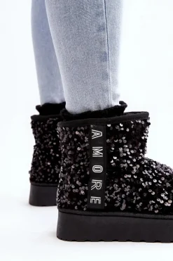 Śniegowce Damskie Na Platformie Zdobione Cekinami Czarne Silmo