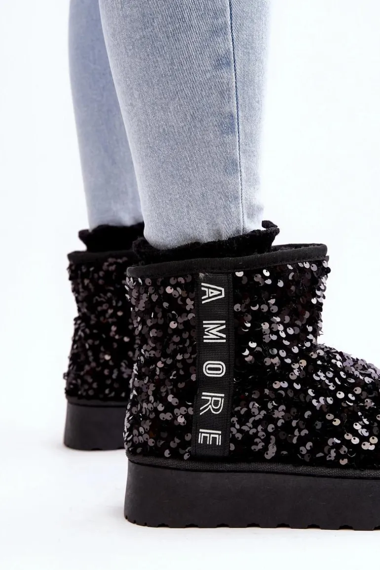 Śniegowce Damskie Na Platformie Zdobione Cekinami Czarne Silmo