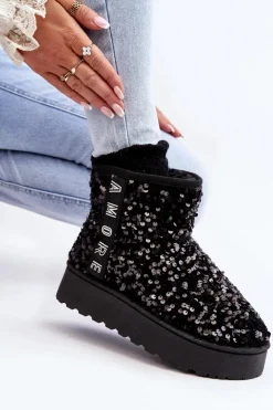 Śniegowce Damskie Na Platformie Zdobione Cekinami Czarne Silmo