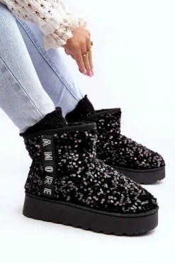 Śniegowce Damskie Na Platformie Zdobione Cekinami Czarne Silmo