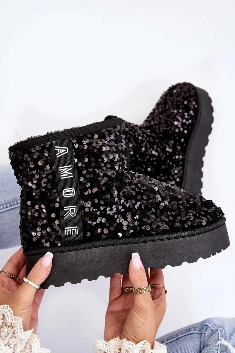 Śniegowce Damskie Na Platformie Zdobione Cekinami Czarne Silmo
