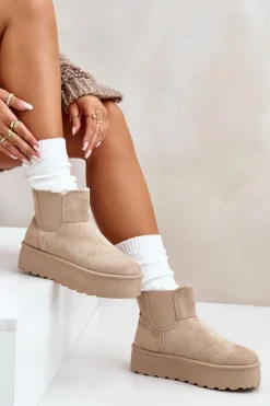 Śniegowce Damskie Na Platformie Z Elastycznymi Wstawkami Jasnobeżowe Rialine