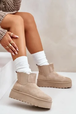 Śniegowce Damskie Na Platformie Z Elastycznymi Wstawkami Jasnobeżowe Rialine
