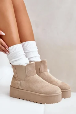 Śniegowce Damskie Na Platformie Z Elastycznymi Wstawkami Jasnobeżowe Rialine