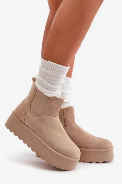 Śniegowce Damskie Na Platformie Z Elastycznymi Wstawkami Jasnobeżowe Rialine