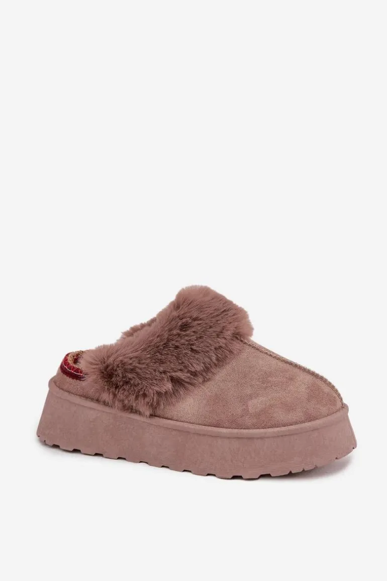 Śniegowce Damskie Na Platformie Z Futerkiem I Haftem Ciemnobeżowe Querina