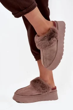 Śniegowce Damskie Na Platformie Z Futerkiem I Haftem Ciemnobeżowe Querina