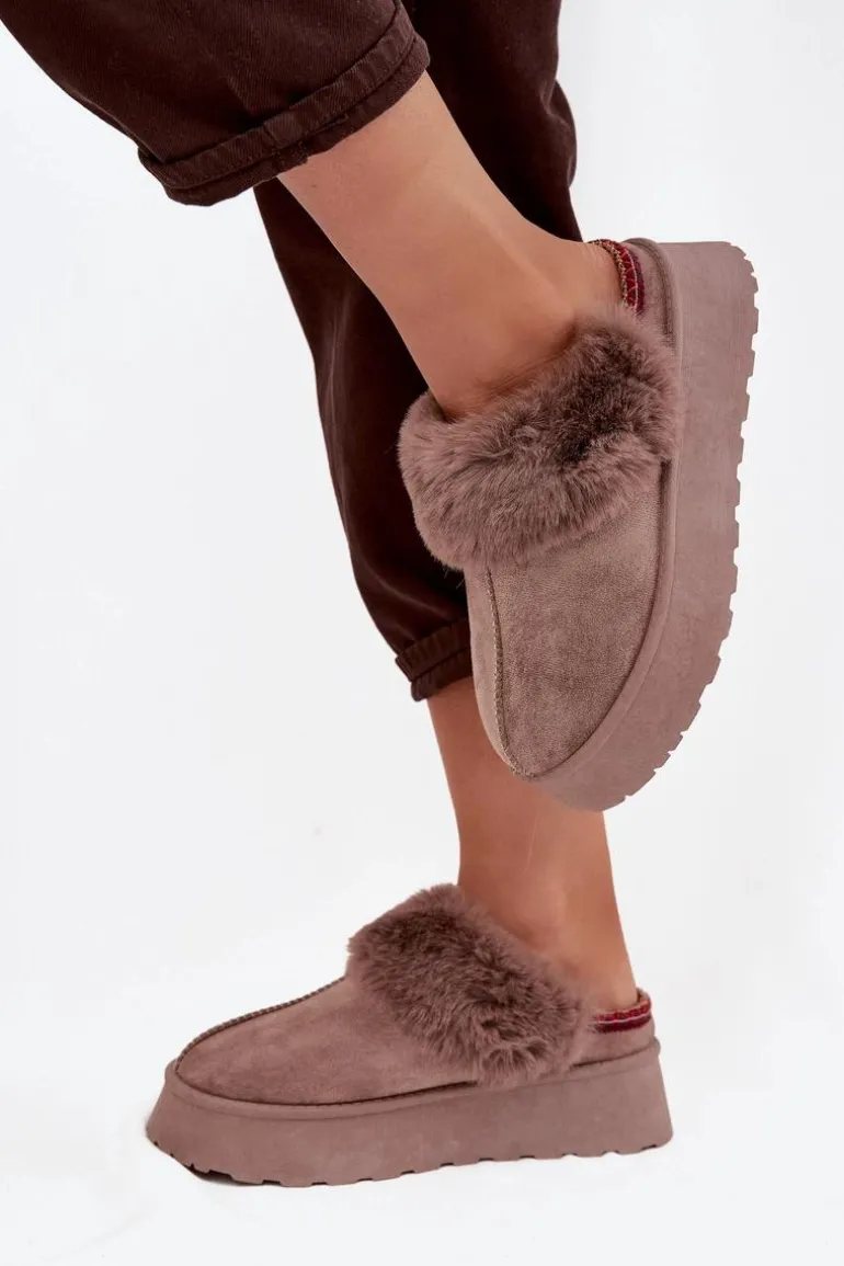 Śniegowce Damskie Na Platformie Z Futerkiem I Haftem Ciemnobeżowe Querina