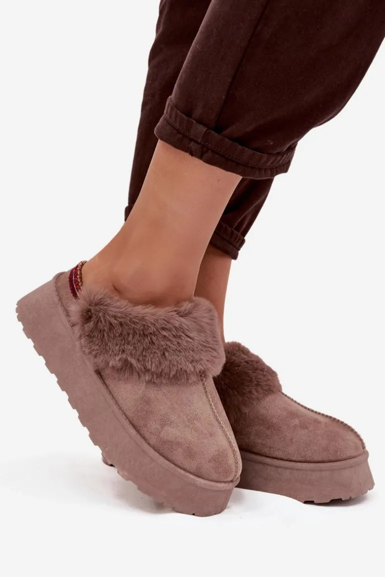 Śniegowce Damskie Na Platformie Z Futerkiem I Haftem Ciemnobeżowe Querina