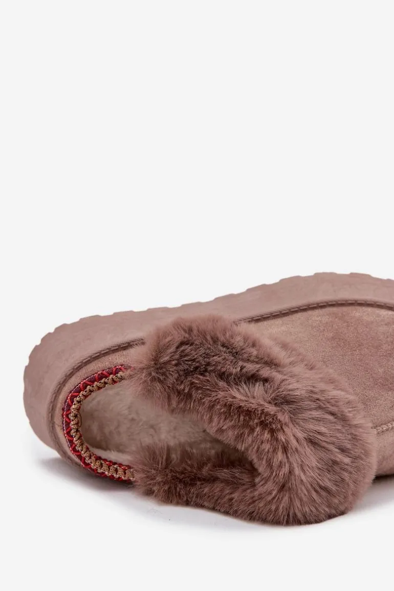 Śniegowce Damskie Na Platformie Z Futerkiem I Haftem Ciemnobeżowe Querina