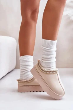 Śniegowce Damskie Na Platformie Ocieplane Futerkiem Jasnobeżowe Remenia