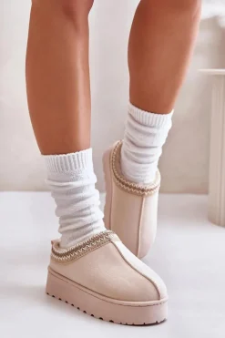 Śniegowce Damskie Na Platformie Ocieplane Futerkiem Jasnobeżowe Remenia