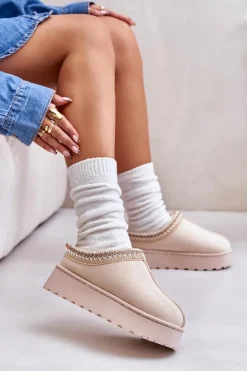 Śniegowce Damskie Na Platformie Ocieplane Futerkiem Jasnobeżowe Remenia