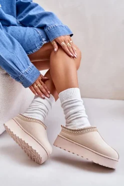 Śniegowce Damskie Na Platformie Ocieplane Futerkiem Jasnobeżowe Remenia