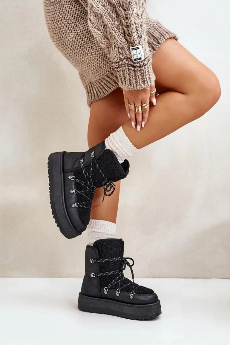 Śniegowce Damskie Na Platformie Z Wiązaniem Czarne Riaviana