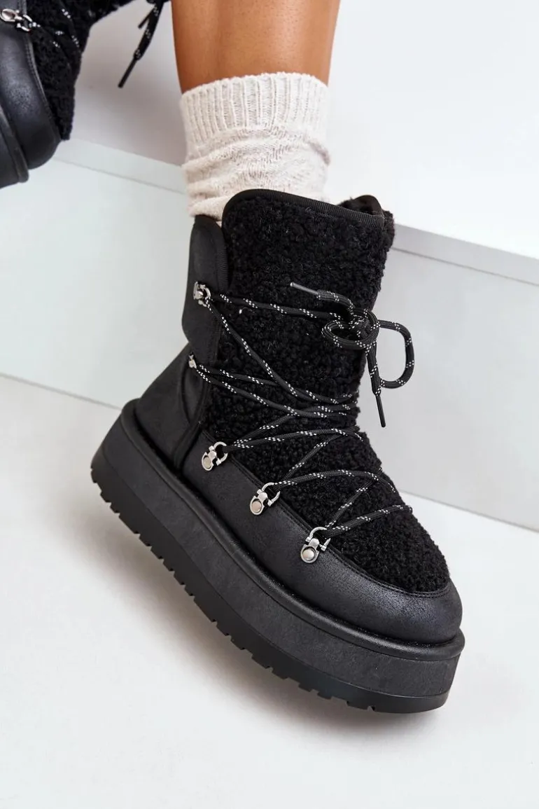 Śniegowce Damskie Na Platformie Z Wiązaniem Czarne Riaviana