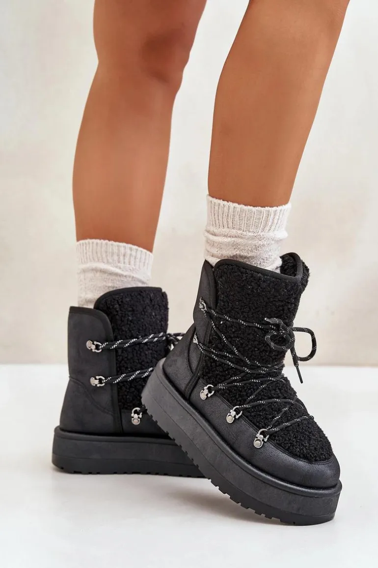 Śniegowce Damskie Na Platformie Z Wiązaniem Czarne Riaviana